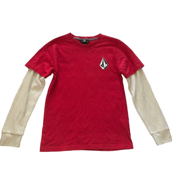 Volcom Red with Cream Thermal Sleeves Tee Shirt Boys S/8 - Picture 1 of 4